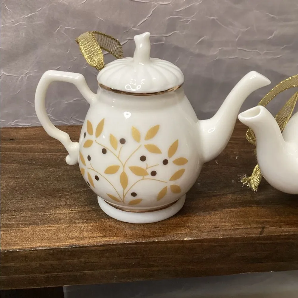 Mini Teapot Ornament Set 5 Porcelain Hanging Teapots Cream with Gold Trim